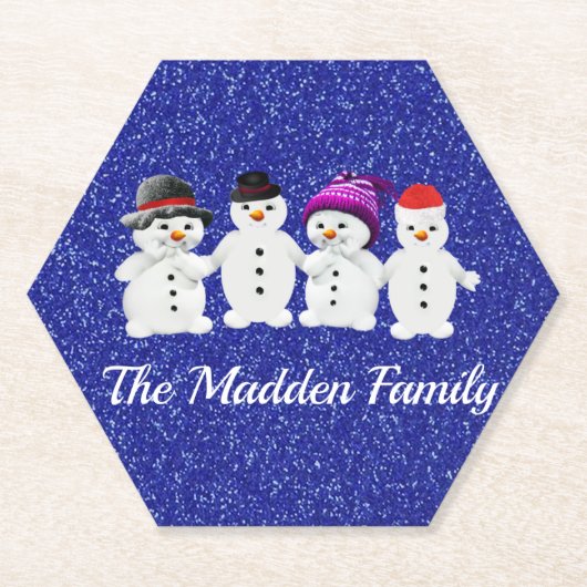 Family of Four Snowmen Blue Sparkle Winter Kartonnen Onderzetters (Voorkant)