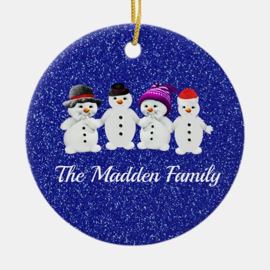 Family of Four Snowmen Blue Sparkle Winter Keramisch Ornament (Voorkant)
