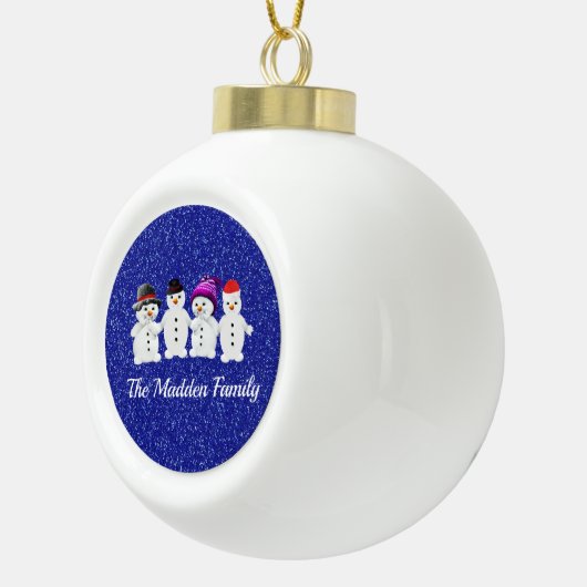 Family of Four Snowmen Blue Sparkle Winter   Keramische Bal Ornament (Rechts)