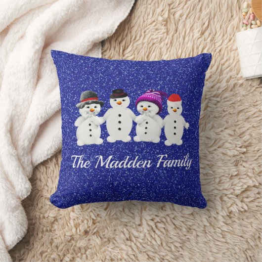 Family of Four Snowmen Blue Sparkle Winter Kussen (Deken)