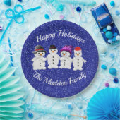 Family of Four Snowmen Blue Sparkle Winter Papieren Bordje (Feest)