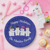 Family of Four Snowmen Blue Sparkle Winter Papieren Bordje (Feest)