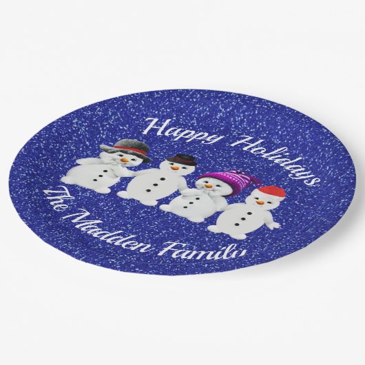 Family of Four Snowmen Blue Sparkle Winter Papieren Bordje (Gekanteld)