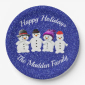 Family of Four Snowmen Blue Sparkle Winter Papieren Bordje (Voorkant)