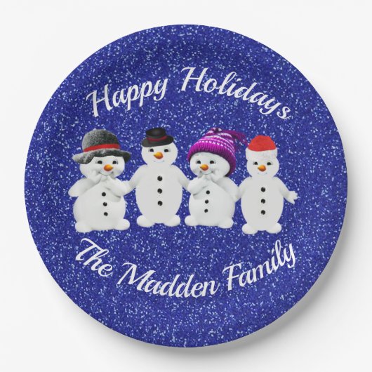 Family of Four Snowmen Blue Sparkle Winter Papieren Bordje (Voorkant)