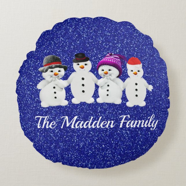 Family of Four Snowmen Blue Sparkle Winter Rond Kussen (Voorkant)