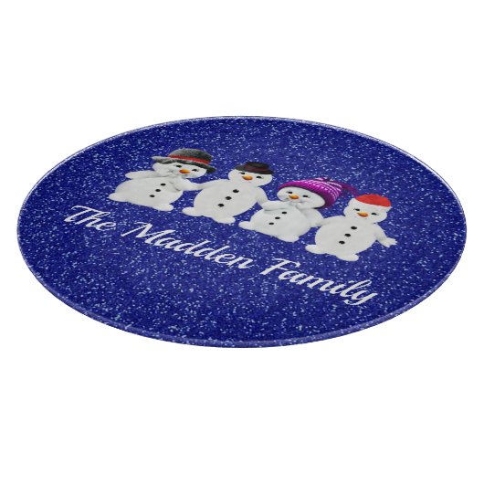 Family of Four Snowmen Blue Sparkle Winter   Snijplank (Hoek)