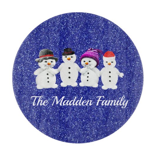 Family of Four Snowmen Blue Sparkle Winter   Snijplank (Voorkant)