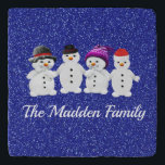 Family of Four Snowmen Blue Sparkle Winter Trivet<br><div class="desc">Snowmen Family of Four Personalized design with name or short zin of your Selce. Personalize with your familiy name as shown or create your very own special message. Perfect design for the winter foliday season.</div>