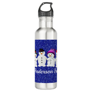 Family of Four Snowmen Blue Sparkle Winter Waterfles