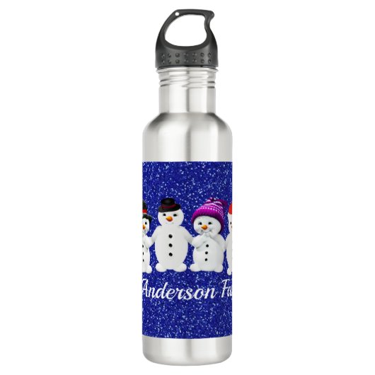 Family of Four Snowmen Blue Sparkle Winter Waterfles (Voorkant)