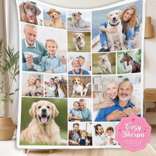 Family Personalized Modern Simple 18 Photo Collage Sherpa Deken