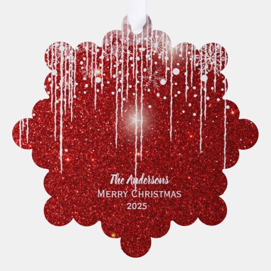 Family Photo and Name Red Glitter  Ornament Kaart (Achterkant)