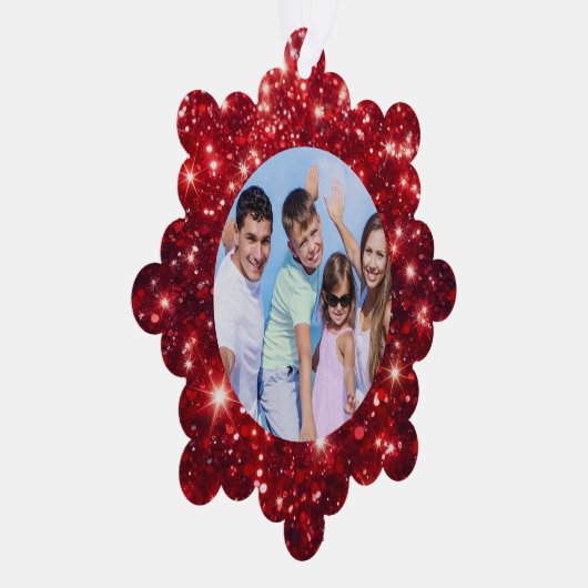 Family Photo and Name Red Glitter  Ornament Kaart (Rechts)