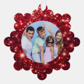 Family Photo and Name Red Glitter  Ornament Kaart (Voorkant)