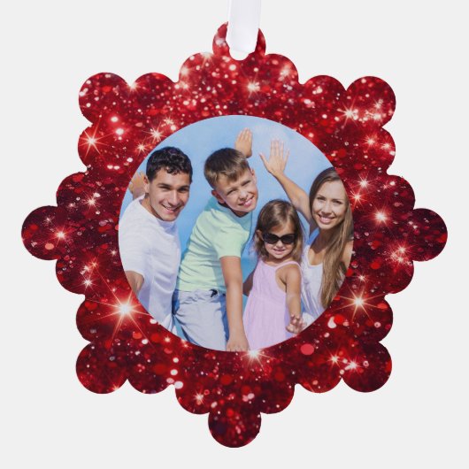 Family Photo and Name Red Glitter  Ornament Kaart (Voorkant)