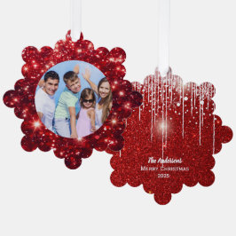 Family Photo and Name Red Glitter Ornament Kaart