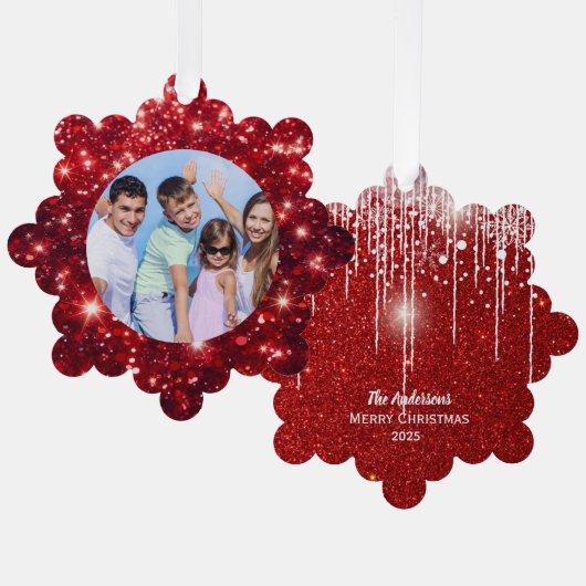 Family Photo and Name Red Glitter  Ornament Kaart (Voorkant / Achterkant)