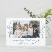 Family Photo Blue Foliage Happy Feestdagenkaart (Staand voorkant)