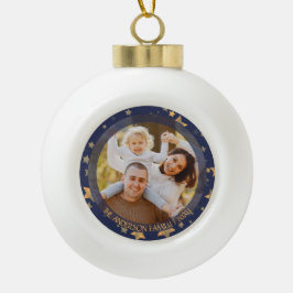 Family Photo Blue Gold Star Elegant Holiday Keramische Bal Ornament