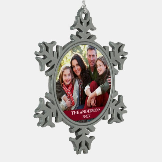 Family Photo Burgundy Tin Sneeuwvlok Ornament (Links)