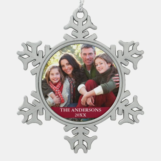 Family Photo Burgundy Tin Sneeuwvlok Ornament (Voorkant)