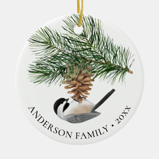 Family Photo Chickadee Pine Cone Christmas  Keramisch Ornament (Voorkant)
