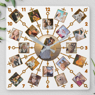 Family Photo Collage 21 Pictures Pretty White Gold Vierkante Klok