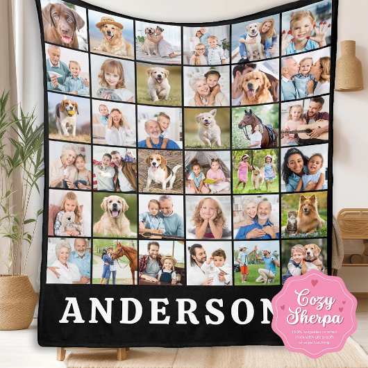Family Photo Collage 36 Picture Personalized Black Sherpa Deken