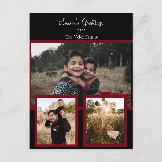 Family Photo Collage Black Burgundy White Script Feestdagenkaart (Voorkant)