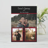 Family Photo Collage Black Burgundy White Script H Feestdagenkaart (Staand voorkant)