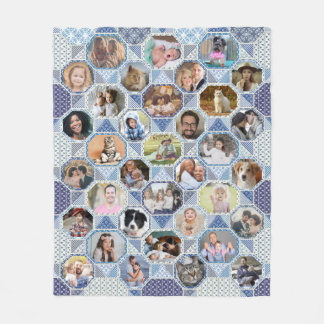 Family Photo Collage Blue Quilt 35 Pics Easy Fleece Deken