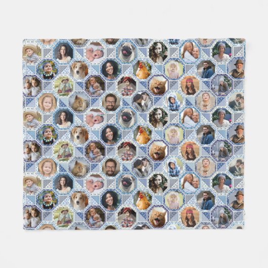 Family Photo Collage Blue Quilt look 28 Custom Pic Fleece Deken (Voorkant (Horizontaal))