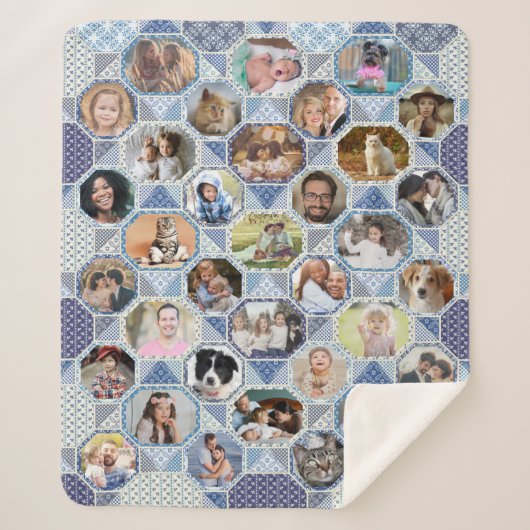 Family Photo Collage Easy Blue Quilt 35 Pics Sherpa Deken (Voorkant)