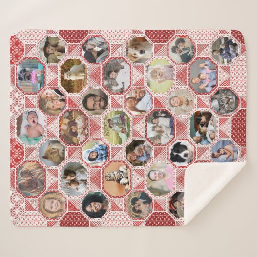 Family Photo Collage Easy Red Quilt 35 Pics Sherpa Deken (Voorkant (horizontaal))