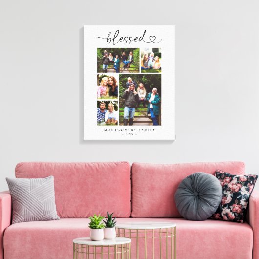 Family Photo Collage Keepsake Blessed Heart Script Canvas Afdruk (Insitu (Woonkamer))
