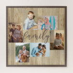 Family Photo Collage Light Woodgrain Legpuzzel<br><div class="desc">De fotocollage van de familie met 6 van uw favoriete foto's, kalligrafie en lichte houthedrager kijkt lijst. Het fotomalplaatje is klaar voor u om uw foto's toe te voegen, die in landschaps en portretformaten worden getoond. De achtergrondkleur en het woord "familie" zijn bruin gekleurd en u kunt dit bewerken op...</div>