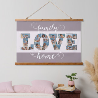 FAMILY Photo Collage Love Script Modern Keepslag Hangend Wandkleed
