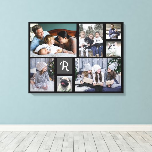 Family Photo Collage Monogrammed 7 Afbeeldingen Bl Canvas Afdruk (Insitu (Houten vloer))