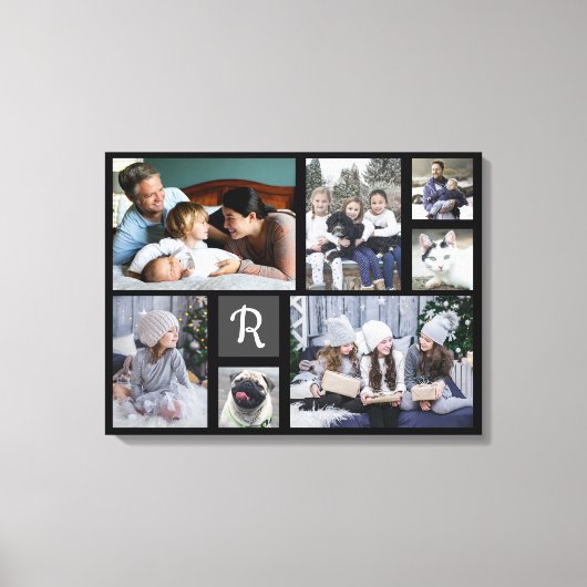 Family Photo Collage Monogrammed 7 Afbeeldingen Bl Canvas Afdruk (Voorkant)