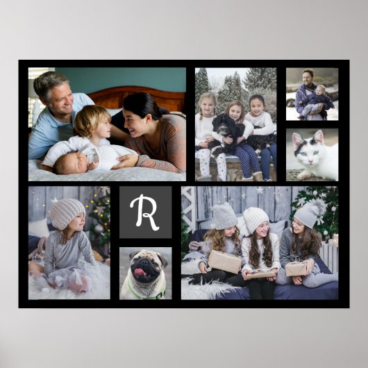 Family Photo Collage Monogrammed 7 Afbeeldingen Bl Poster (Voorkant)