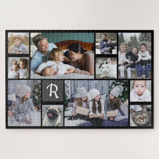 Family Photo Collage Monogrammed Black 11 Pictures Legpuzzel (Horizontaal)