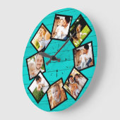 Family Photo Collage Rustic Farmhouse Blauwgroen Grote Klok (Hoek)