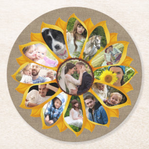 Family Photo Collage Sunflower Burlap 13 Pics Easy Ronde Kartonnen Onderzetter