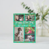 Family Photo Collage Turquoise New Years Greeting Feestdagenkaart (Staand voorkant)