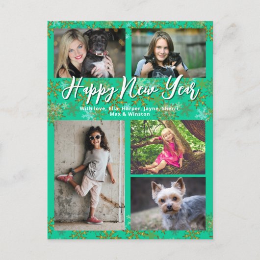 Family Photo Collage Turquoise New Years Greeting Feestdagenkaart (Voorkant)