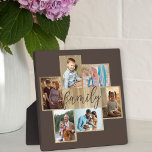 Family Photo Collage Woodgrain Border Brown Fotoplaat<br><div class="desc">De fotocollage van de familie met 6 van uw favoriete foto's, kalligrafie en lichte houthedrager kijkt lijst. Het fotomalplaatje is klaar voor u om uw foto's toe te voegen, die in landschaps en portretformaten worden getoond. De achtergrondkleur en het woord "familie" zijn bruin gekleurd en u kunt dit bewerken op...</div>