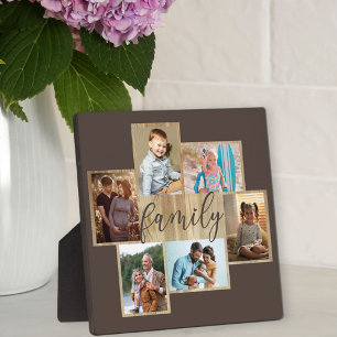 Family Photo Collage Woodgrain Border Brown Fotoplaat