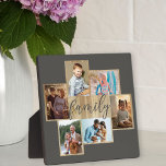 Family Photo Collage Woodgrain Border Warm Gray Fotoplaat<br><div class="desc">De fotocollage van de familie met 6 van uw favoriete foto's, kalligrafie en lichte houthedrager kijkt lijst. Het fotomalplaatje is klaar voor u om uw foto's toe te voegen, die in landschaps en portretformaten worden getoond. De achtergrondkleur en het woord "familie" zijn warm grijs gekleurd en u kunt dit bewerken...</div>