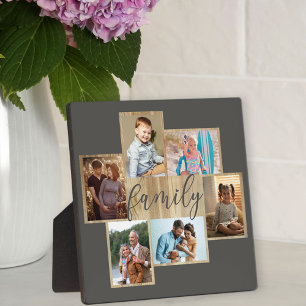 Family Photo Collage Woodgrain Border Warm Gray Fotoplaat